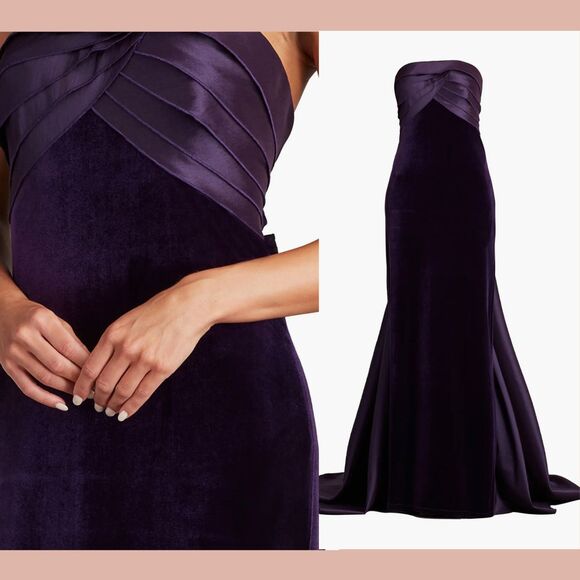 NWT $588‎ Tadashi Shoji [ 12 ] Conley Strapless Velvet Taffeta Gown Plum putple - Picture 2 of 5